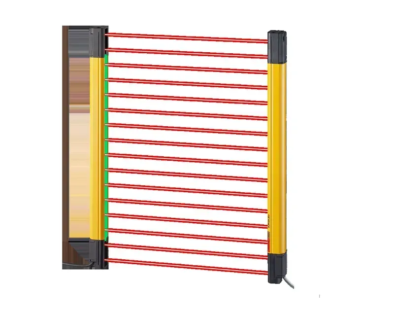 A detailed close-up of a safety light curtain control board