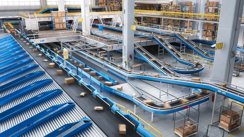 An automated warehouse sorting system in operation