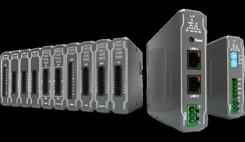 A close-up view of a remote I/O module with various connections