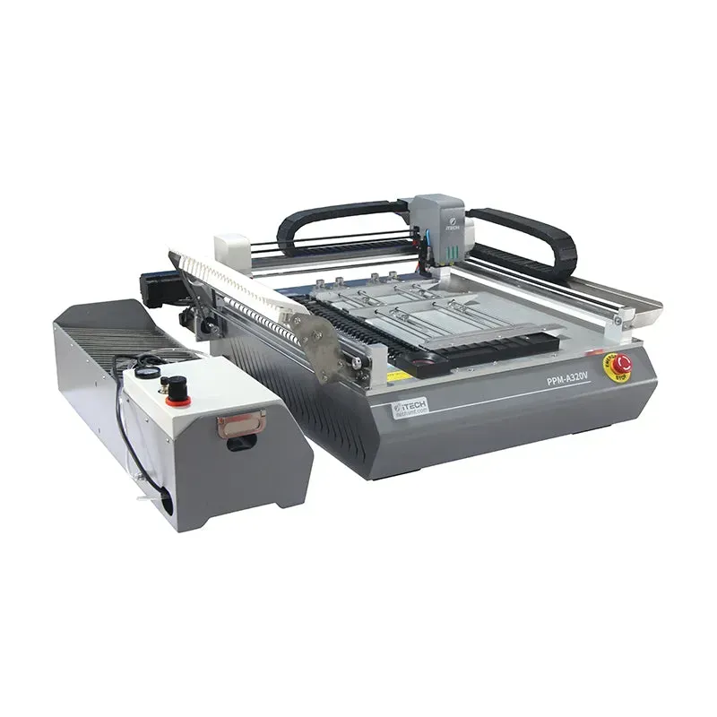 A pick-and-place machine placing components on a PCB, with a reflow oven in the background