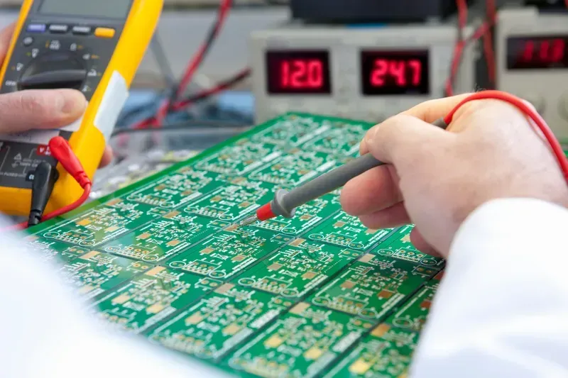 An engineer examining a circuit board with tools