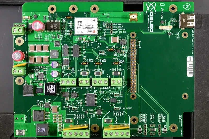 A close-up view of an AGV autonomous navigation PCB board