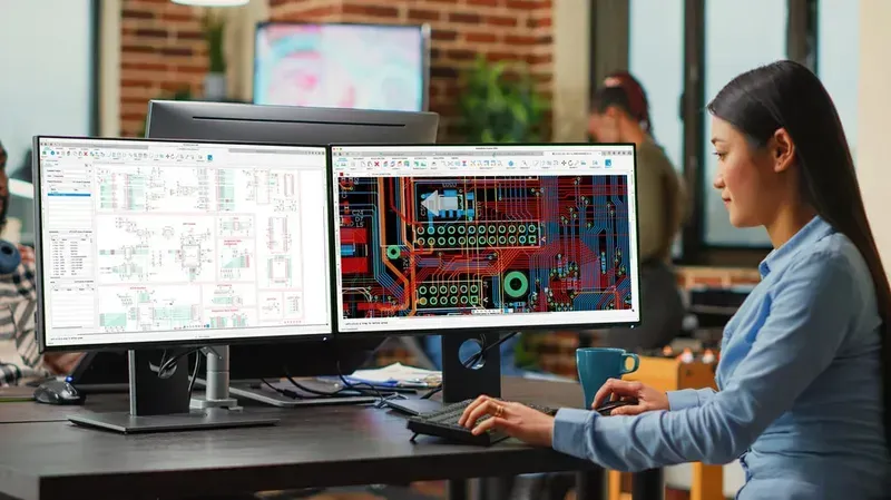 An engineer working on PCB design software on a computer
