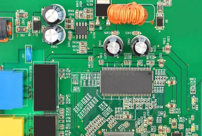 A detailed close-up of a router motherboard, showing its components.