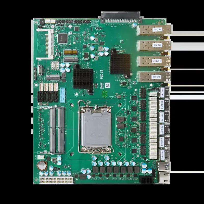 A detailed view of a PCB board designed for network security firewalls