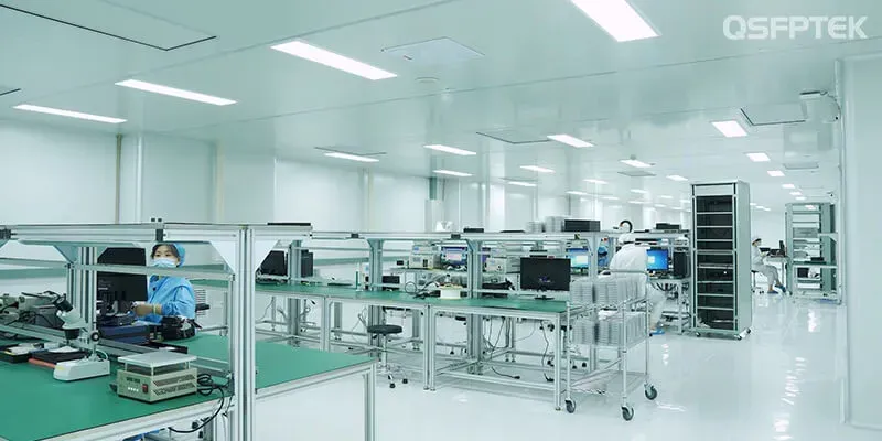 Optical module production workshop with engineers