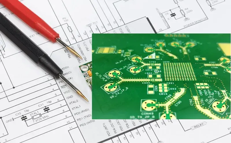 An engineer analyzing a high-frequency PCB board on a workbench