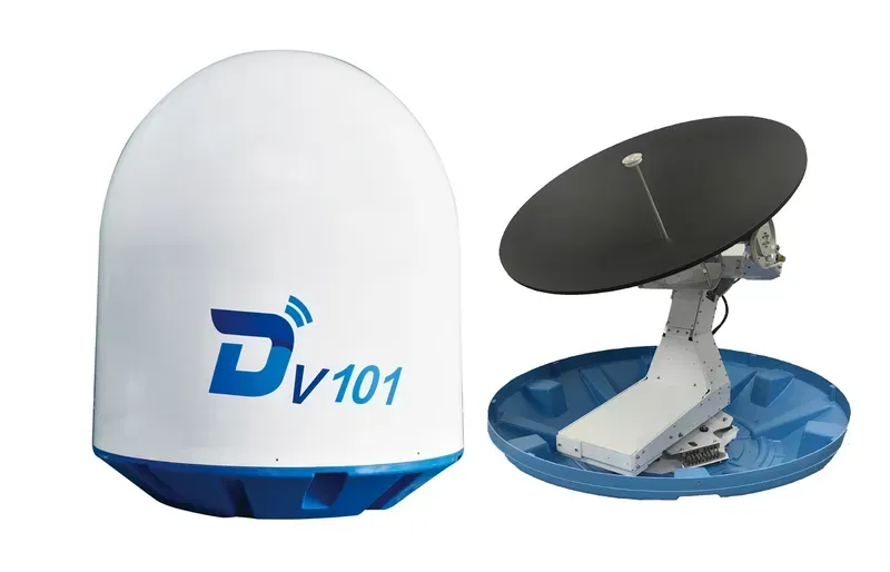 A maritime satellite communication antenna on a ship