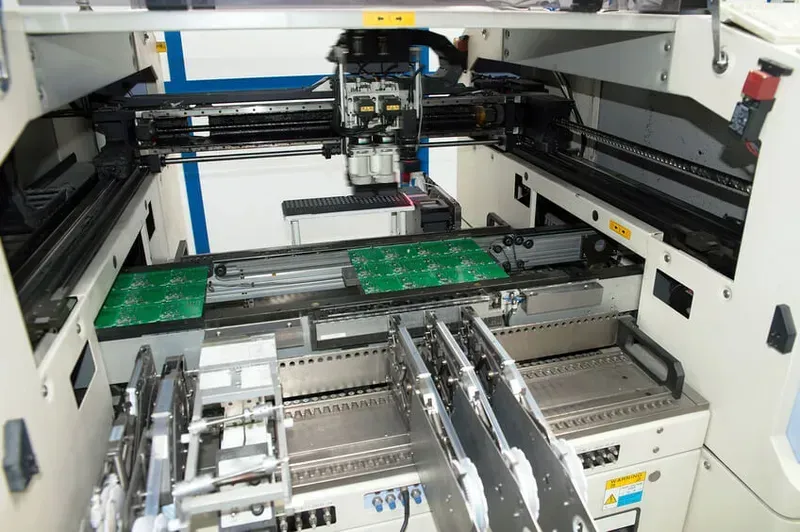 An SMT machine placing components on a PCB during assembly