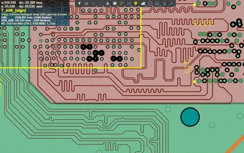 A detailed view of a high-speed PCB board with intricate traces
