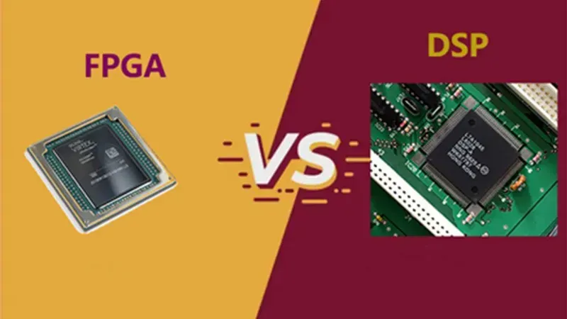 Close-up of DSP and FPGA chips on a circuit board