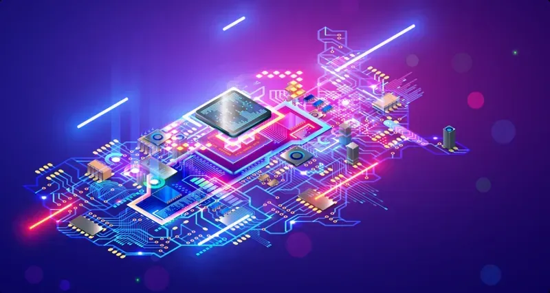 Concept art of advanced futuristic PCB with integrated AI