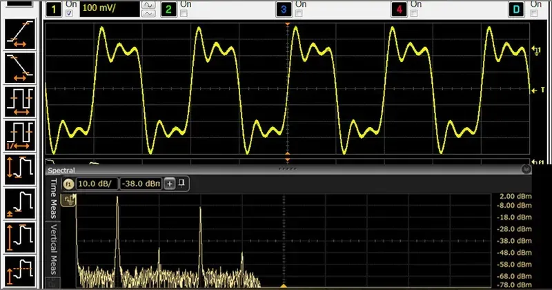 An oscilloscope measuring signal integrity on a circuit board