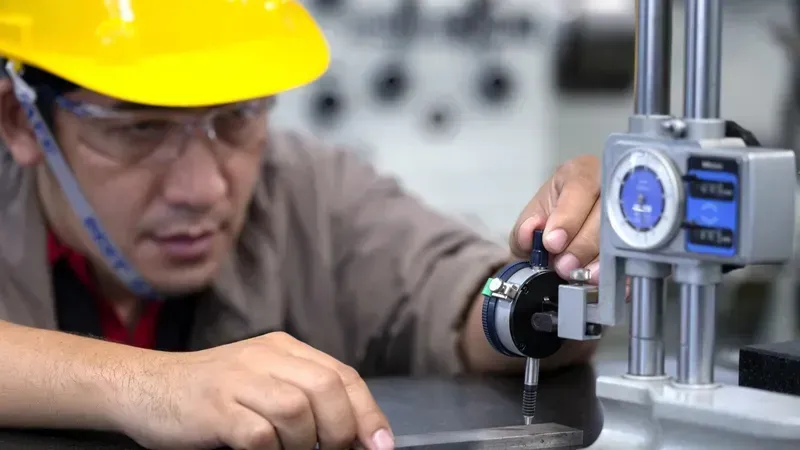 Technician using quality inspection equipment on a PCB