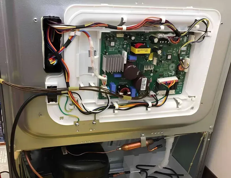 A close-up view of a smart refrigerator control PCB