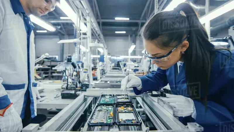 Workers assembling components on a PCB production line