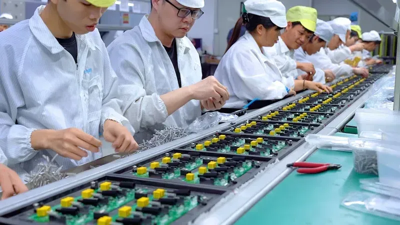 Automated machinery assembling components on a PCB production line