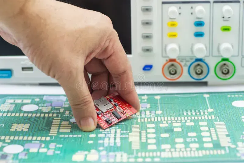 An engineer performing tests on a sonar PCB in a laboratory setting.