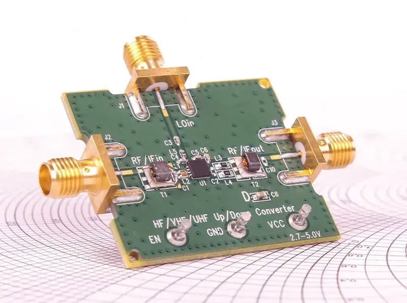 Manufacturing process of an RF circuit board in a factory setting.