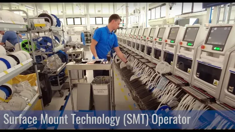 An engineer operating an SMT machine for PCB assembly