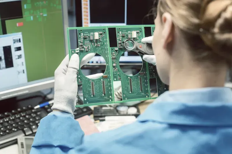 An engineer examining an aerospace PCB board in a cleanroom