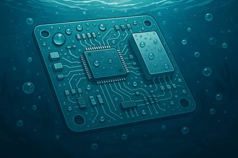 Diagram showing challenges in UUV PCB design like pressure, corrosion, signal integrity, thermal management