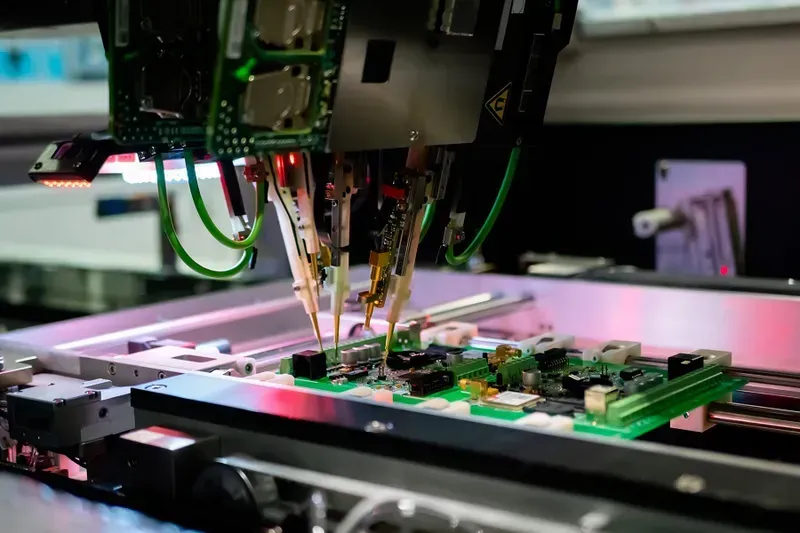 Technicians performing assembly and testing on PCB boards