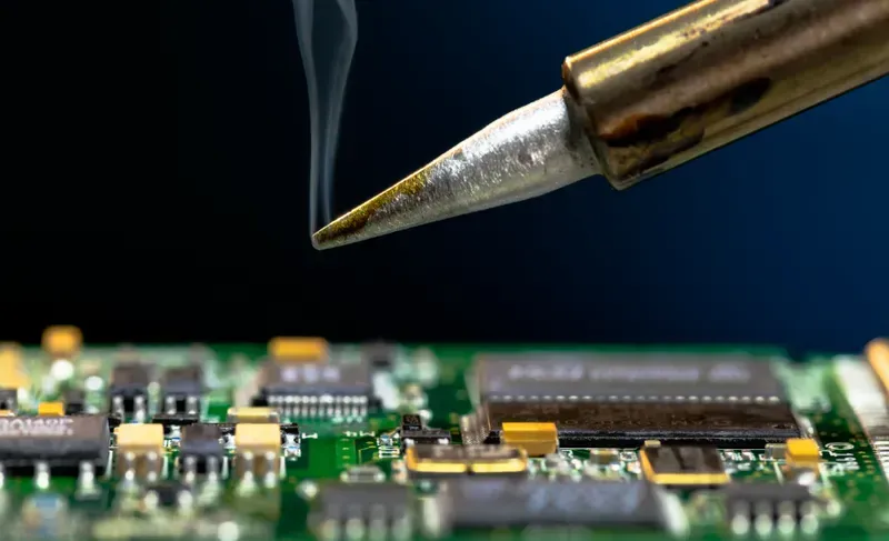 Close-up of hands soldering electronic components onto a PCB