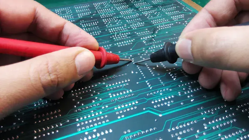 An engineer performing tests on a PCB circuit board