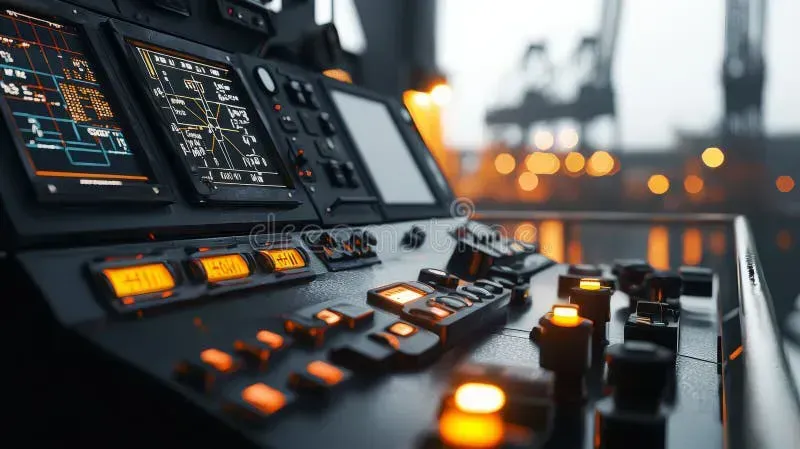 An engineer operating a port crane control console with multiple screens