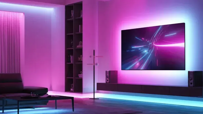 A modern home interior illuminated by smart lighting, demonstrating convenience and energy efficiency