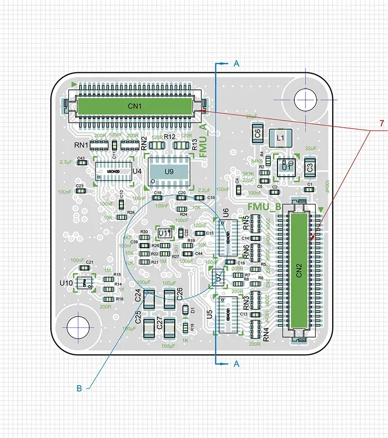 Detailed engineering drawing of a PCB design