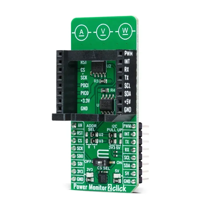 Various electronic components on a power monitoring communication board