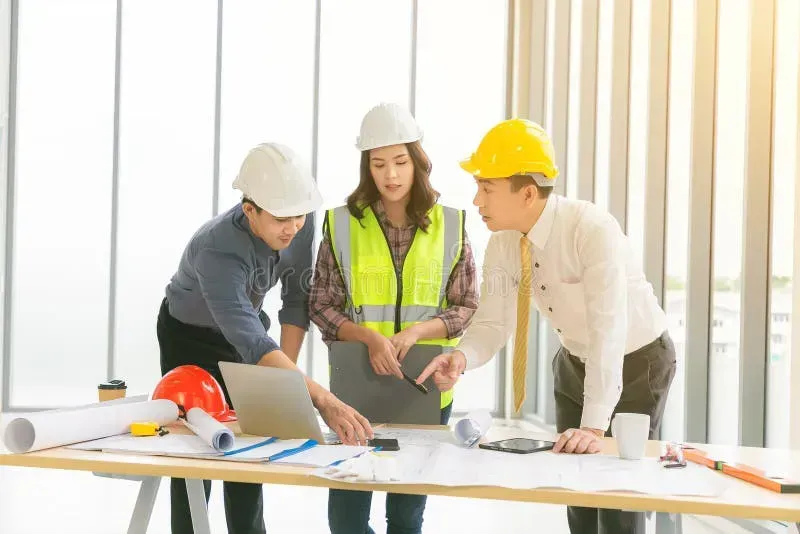 A team of engineers discussing a project in a meeting room