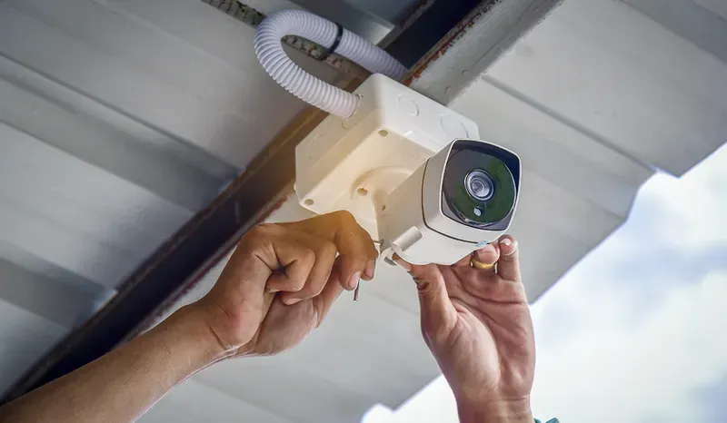 A security camera being installed on a wall