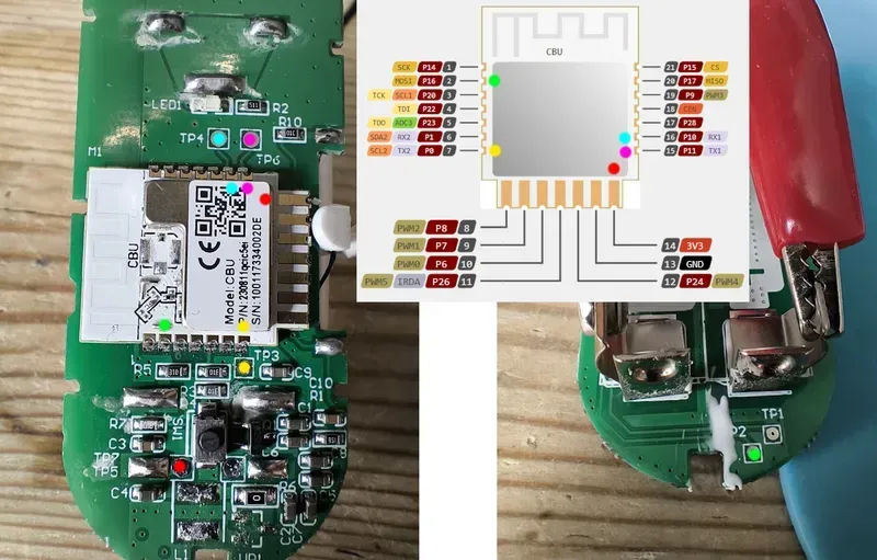 Close-up of smart water leak sensor board components