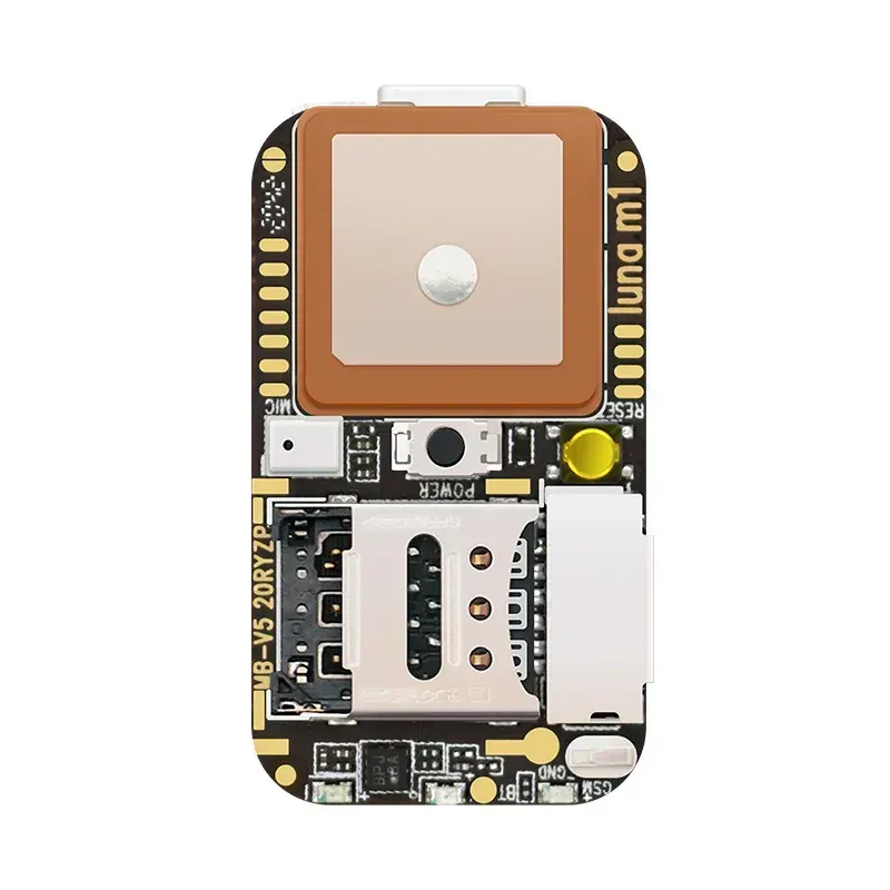 Close-up of smart tracking tag PCB components including microcontroller, GPS module, and communication module