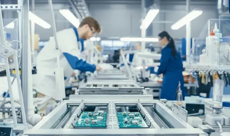 Interior view of a PCB manufacturing factory with machinery
