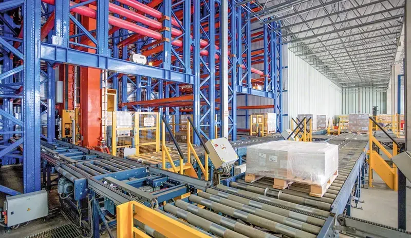 Interior view of an automated warehouse with environmental monitoring in place