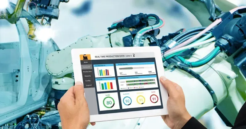 A worker using a tablet to view real-time temperature and humidity data in a warehouse