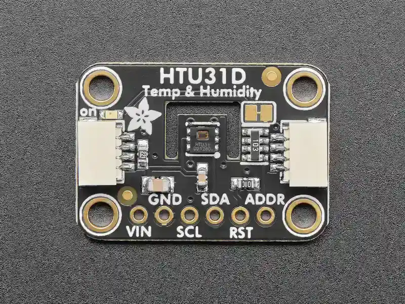 Close-up of components on a temperature and humidity sensor board