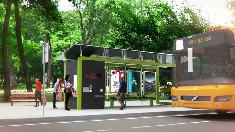 A modern smart bus stop in an urban setting with a digital display board