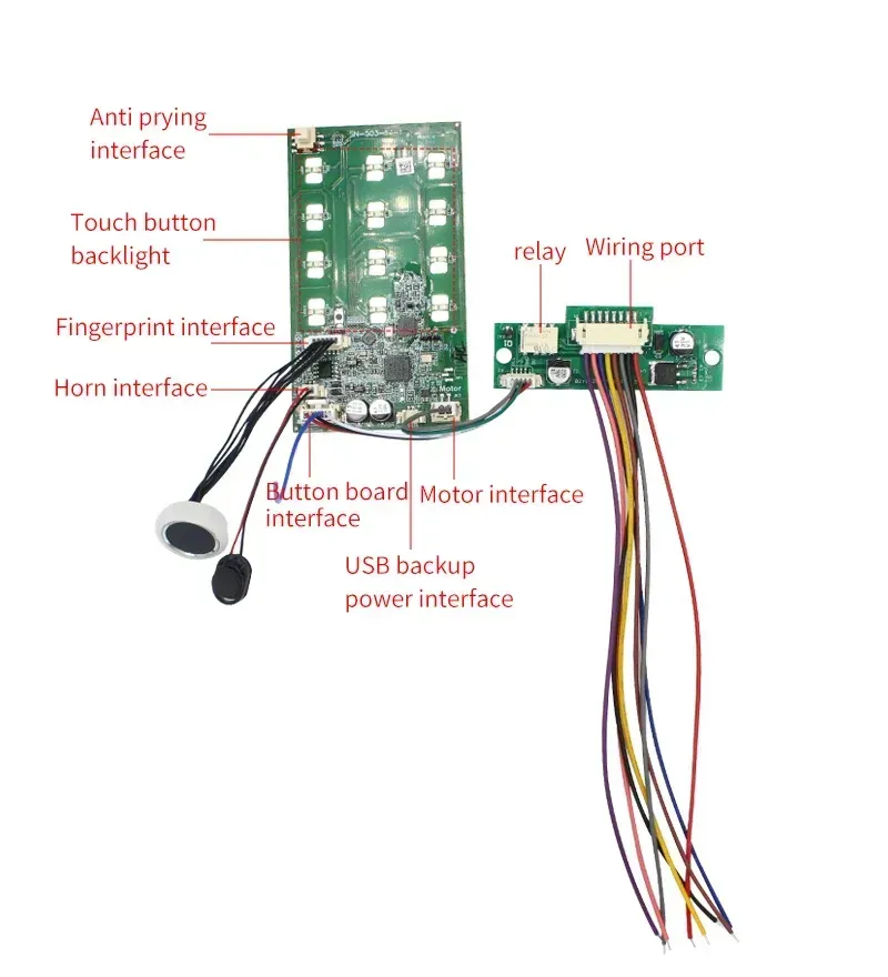 Various electronic components arranged on a smart door lock motherboard.