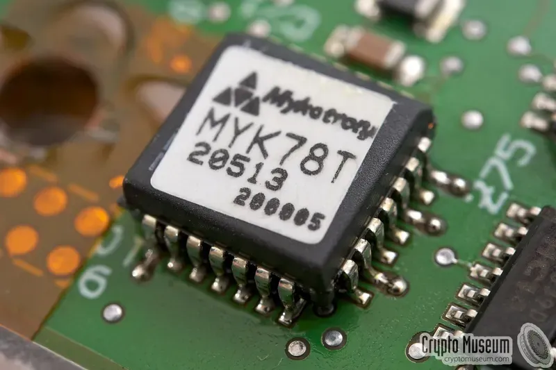 A close-up image of a security encryption chip.