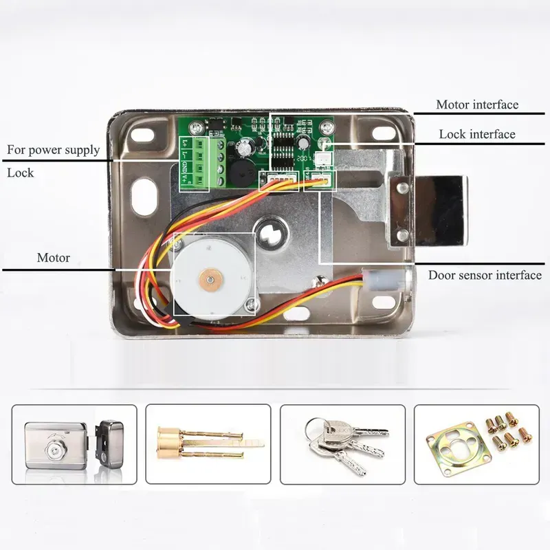 A close-up view of a smart door lock motherboard with visible components.