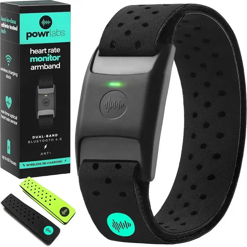 A wearable heart rate monitor band on a wrist