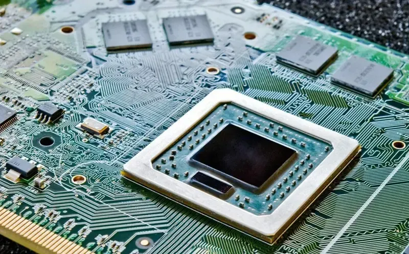 A close-up of a high-density interconnect PCB