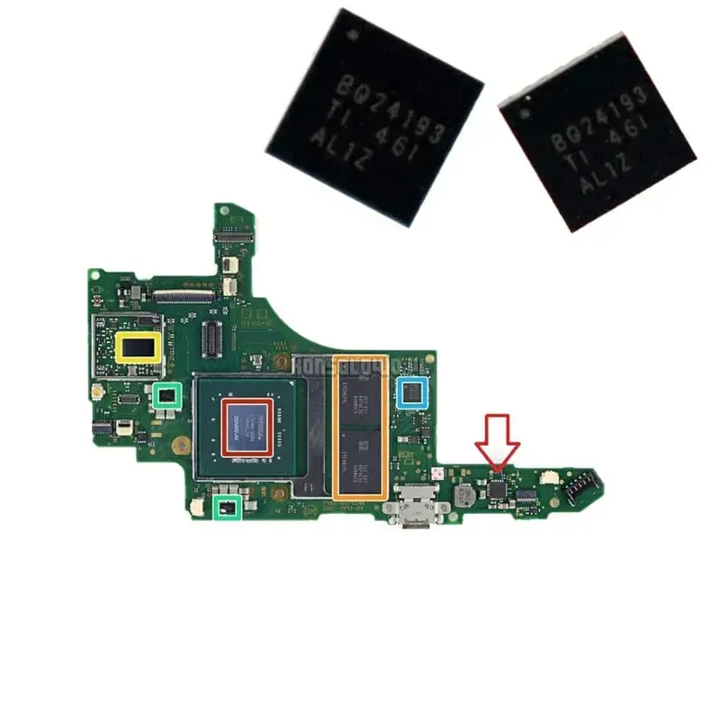 A close-up of a battery management IC chip.