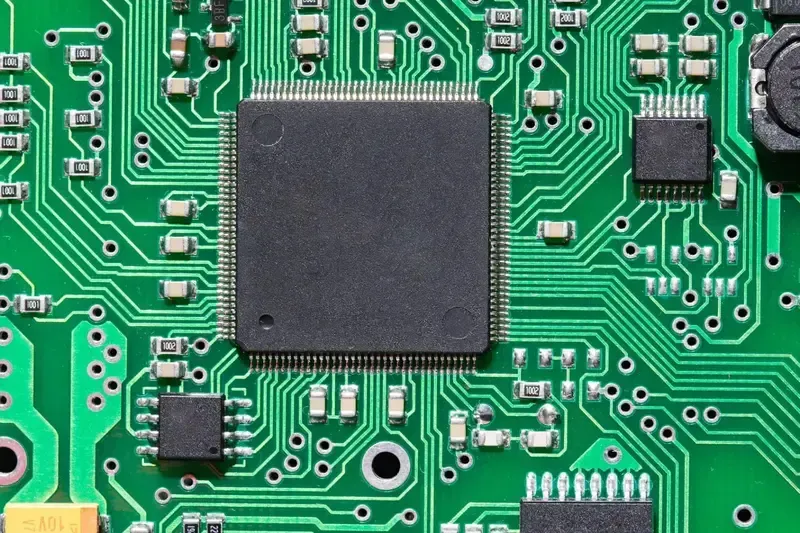 Detailed view of a microcontroller on a PCB.