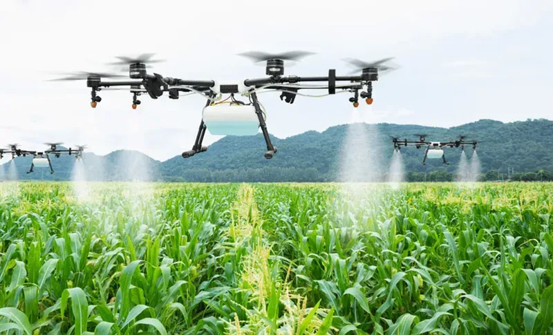 Agricultural drone flying over a field